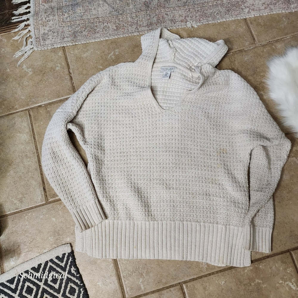Rachel Zoe Womens Cream Knit Hoodie Sweater V-Neck Textured Pullover Size Medium